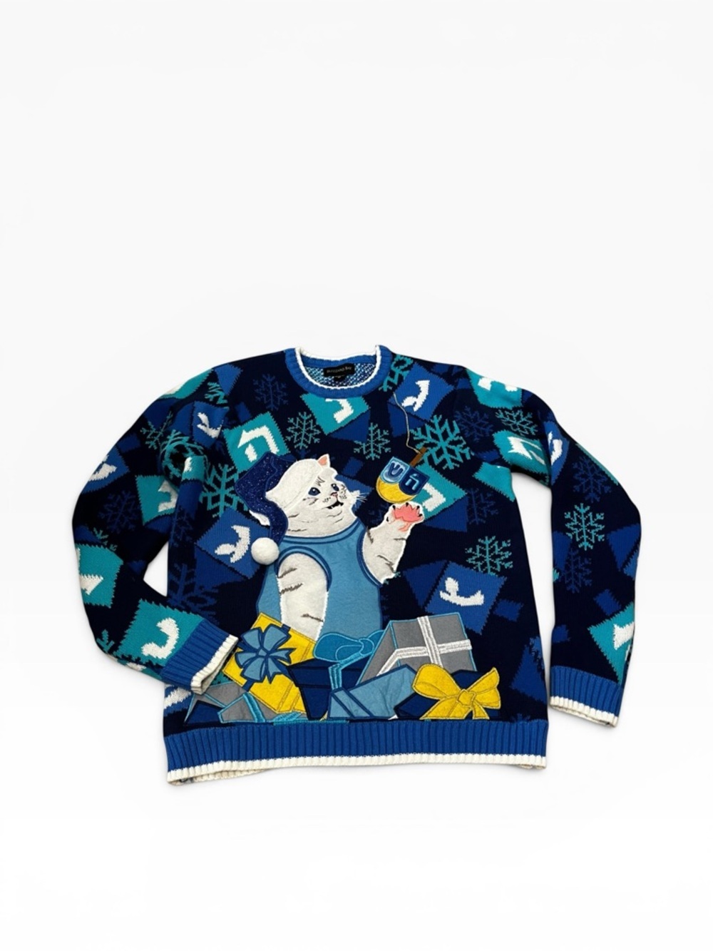 Blizzard Bay Hanukkah cat holiday sweater blue like new M